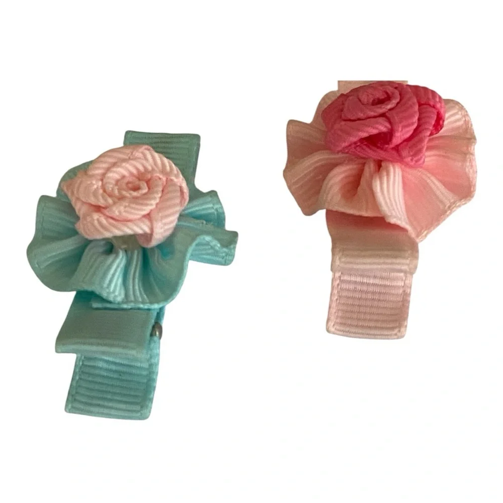 Girls Floral Hair Clips Pink and Blue Handmade